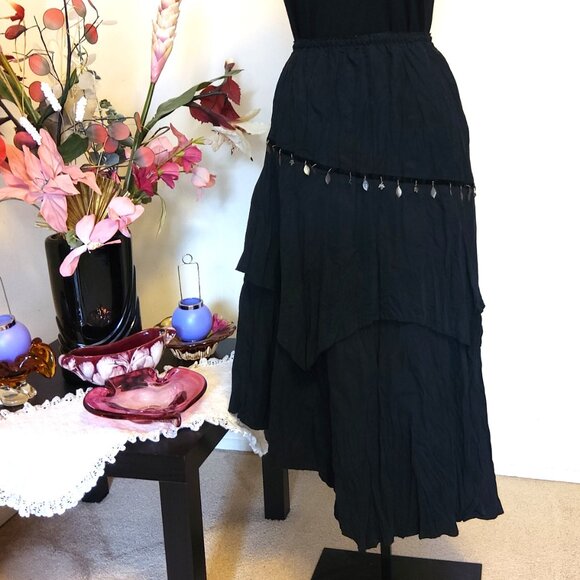 NWT Women Black 2-Layers of Tiered Lined Elastic High Waist Asymmetrical Skirt - Picture 2 of 16